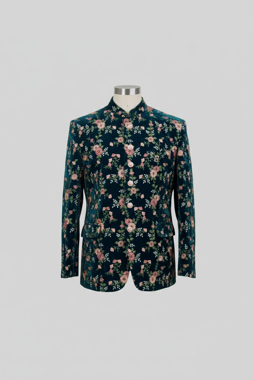 Green Floral Velvet Jodhpuri Suit – Elegant Wedding Wear