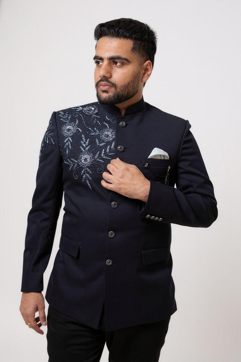 Navy Blue Embroidered Jodhpuri Suit – Classic Royal Design