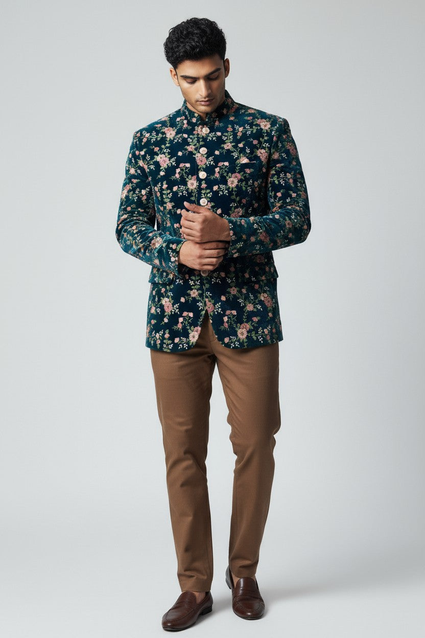 Green Floral Velvet Jodhpuri Suit – Elegant Wedding Wear