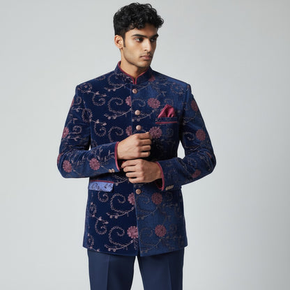 Navy Blue Velvet Jodhpuri Suit – Embroidered Royal Wear