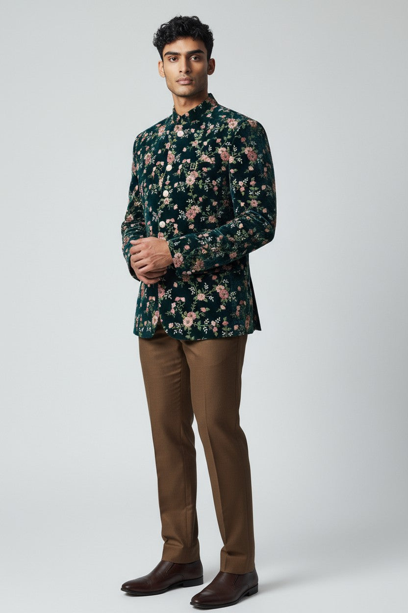 Green Floral Velvet Jodhpuri Suit – Elegant Wedding Wear