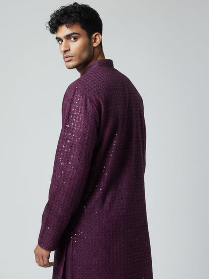 Purple Chikankari Kurta Pajama for Men – Mirror Embroidered Festive Wear