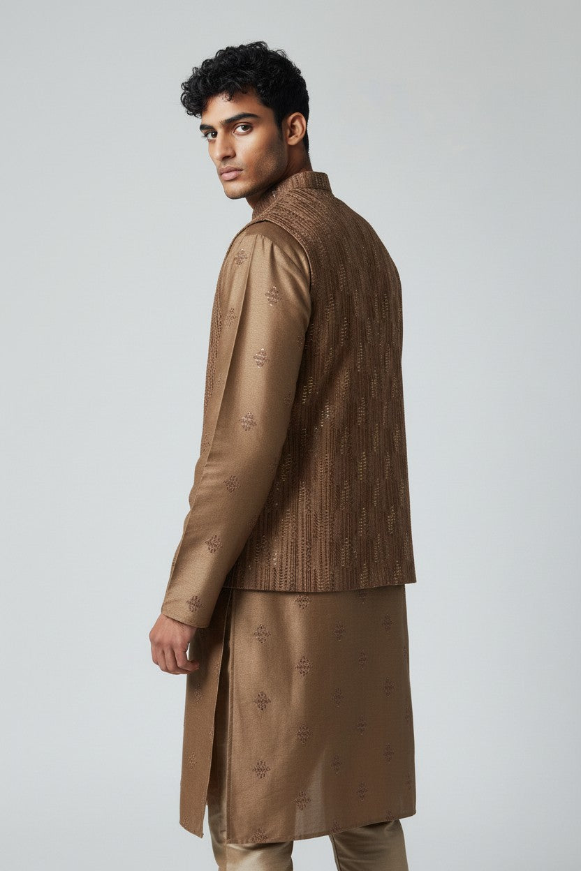 Brown 3-Piece Kurta Set – Embroidered Jacket Outfit