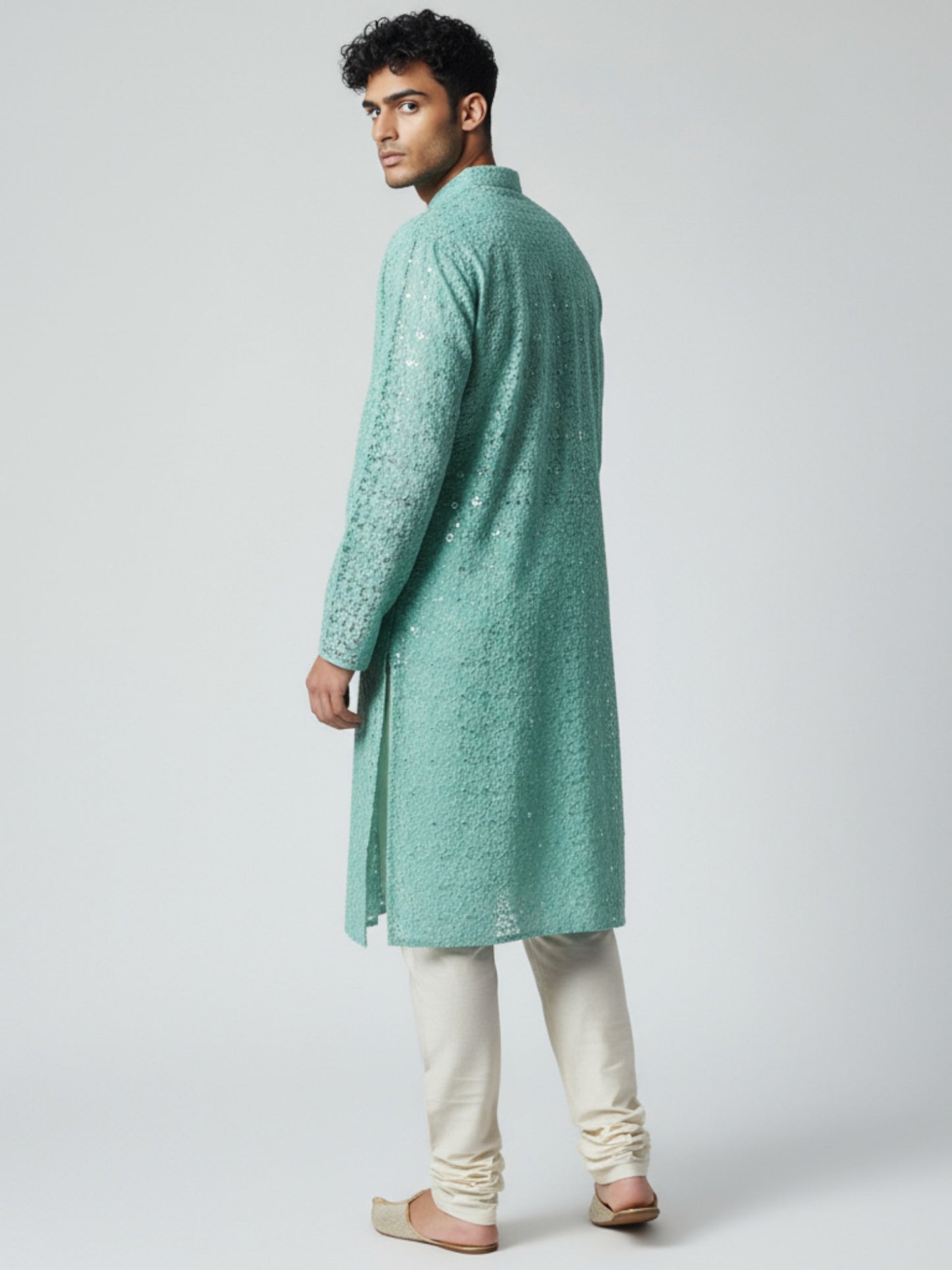 Aqua Blue Chikankari Kurta Pajama for Men – Mirror Work Festive Wear