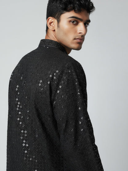 Black Chikankari Kurta Pajama for Men – Elegant Mirror Embroidered Party Wear