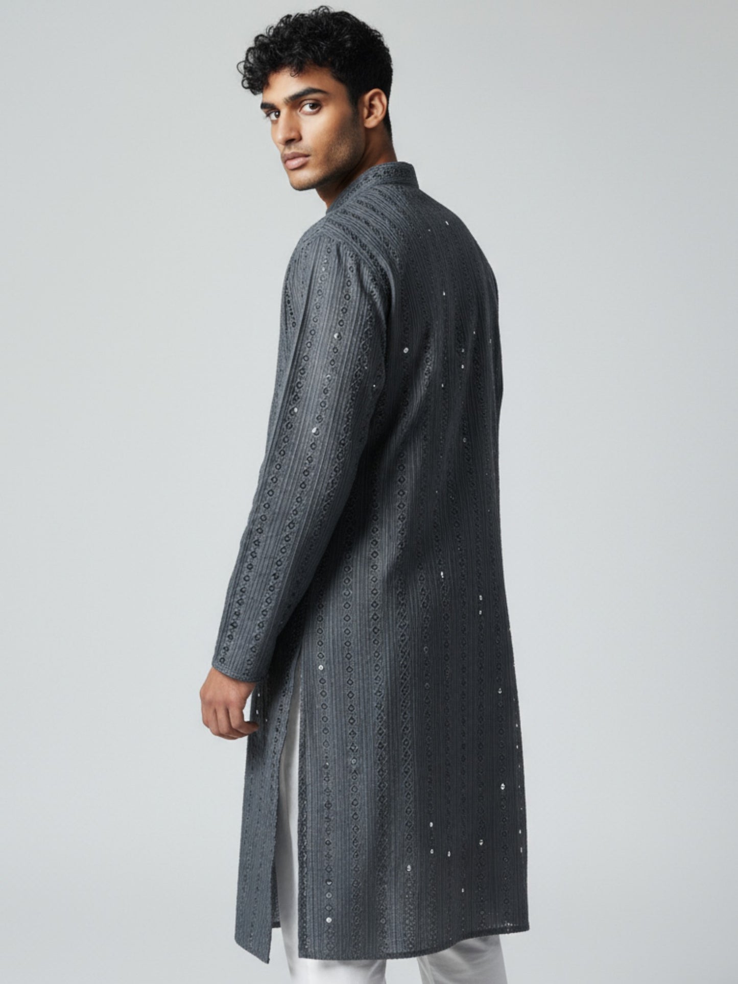 Charcoal Grey Chikankari Kurta Pajama for Men – Elegant Festive Wear