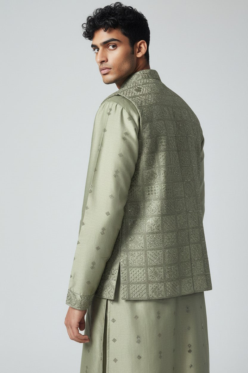 Sage Green 3-Piece Kurta Set – Embroidered Jacket Ensemble
