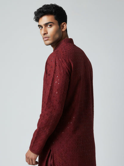 Red Chikankari Kurta Pajama for Men – Elegant Mirror Embroidered Festive Wear