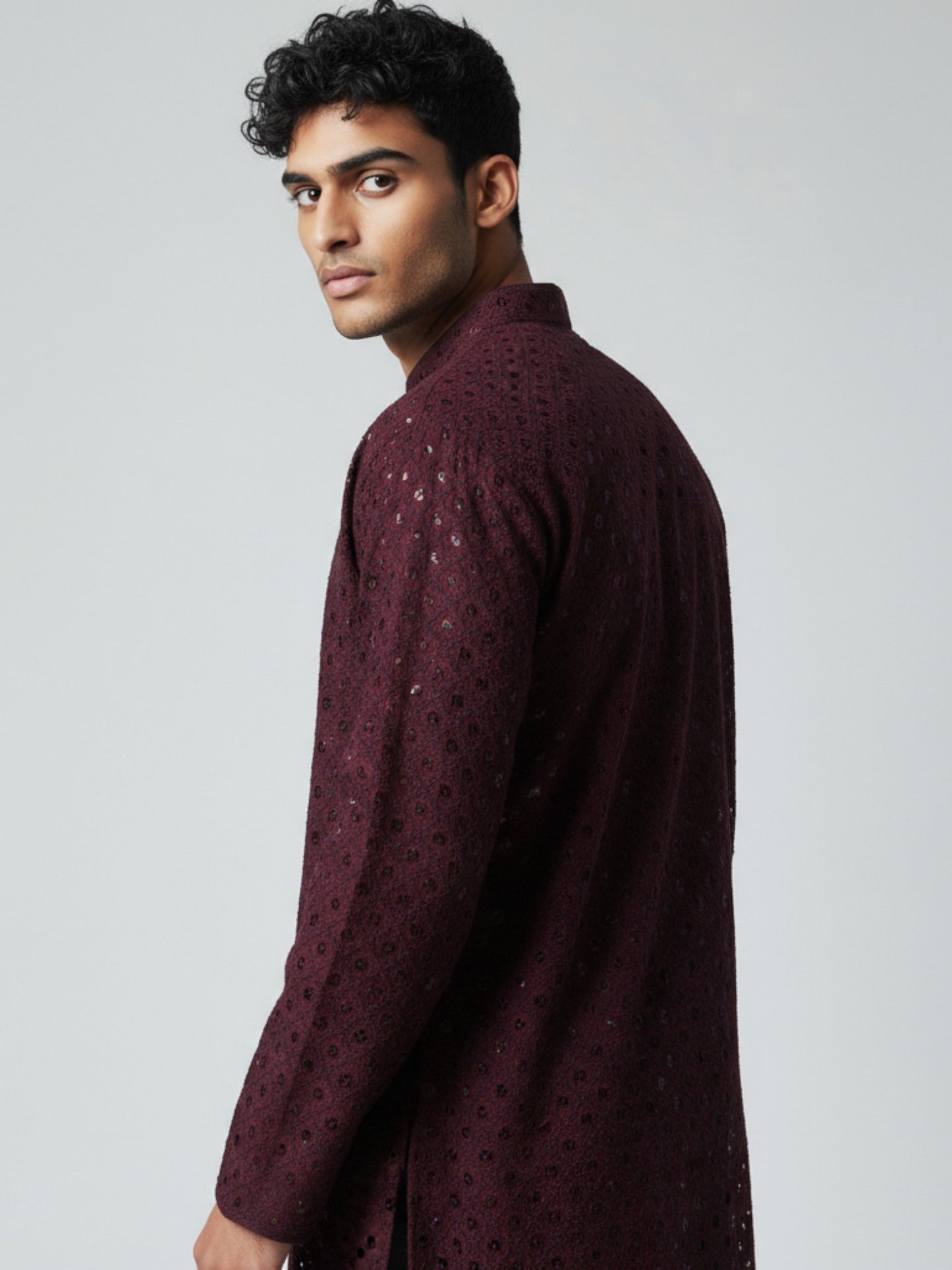 Wine Chikankari Kurta Pajama for Men – Elegant Mirror Work Design