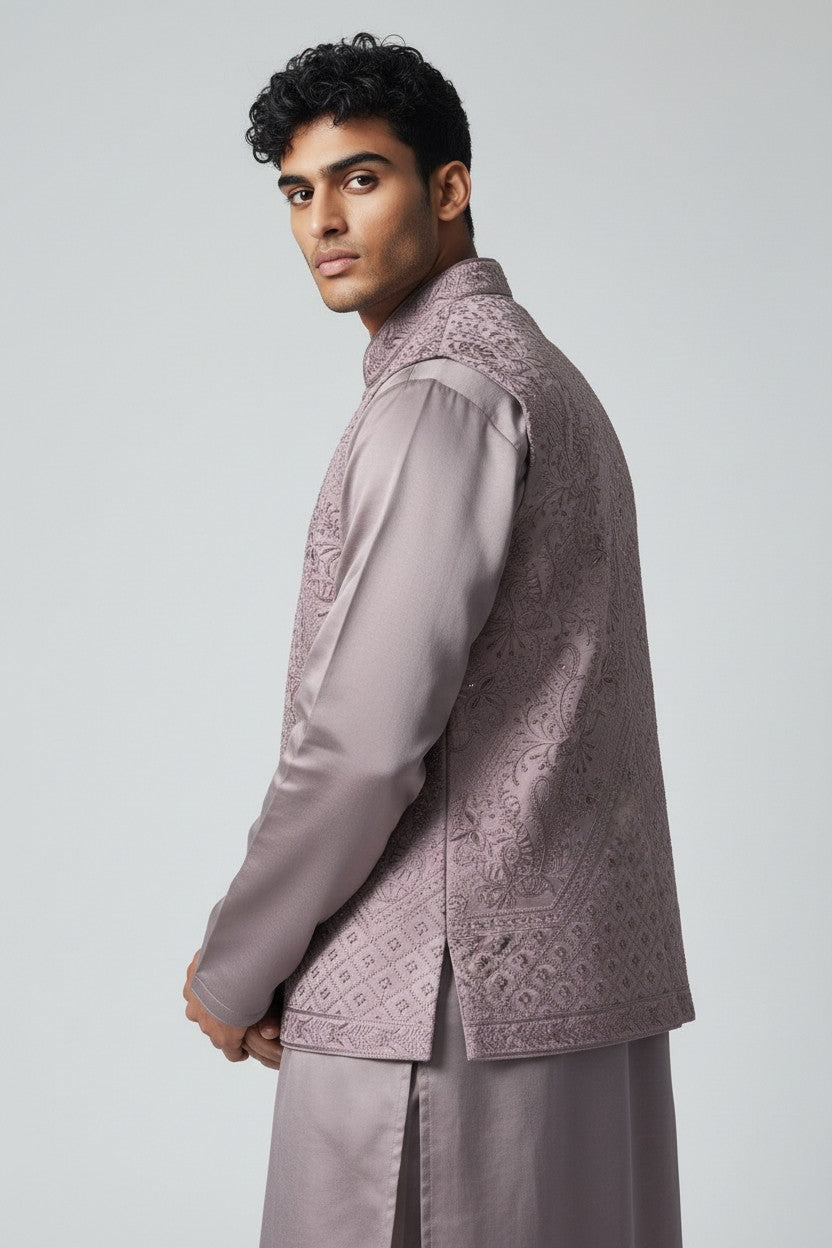 Mauve 3-Piece Kurta Set – Embroidered Jacket Ensemble