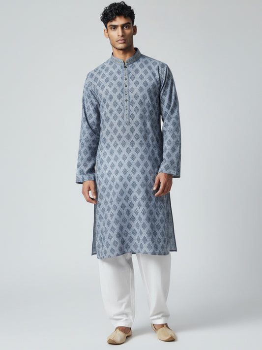 Blue Patterned Kurta Pajama for Men – Elegant Festive Outfit