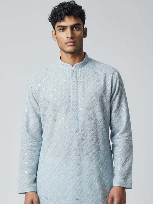 Sky Blue Chikankari Kurta Pajama for Men – Elegant Mirror Work Festive Wear