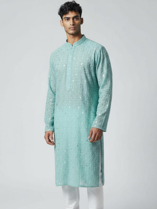 Aqua Blue Chikankari Kurta Pajama for Men – Mirror Work Festive Wear