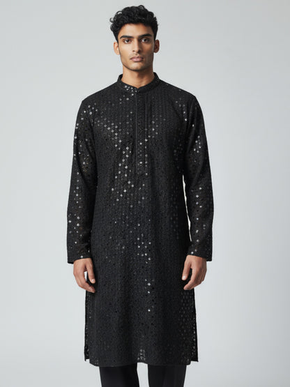 Black Chikankari Kurta Pajama for Men – Elegant Mirror Embroidered Party Wear