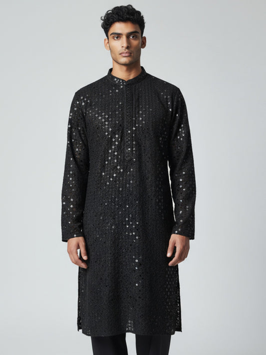 Black Chikankari Kurta Pajama for Men – Elegant Mirror Embroidered Party Wear