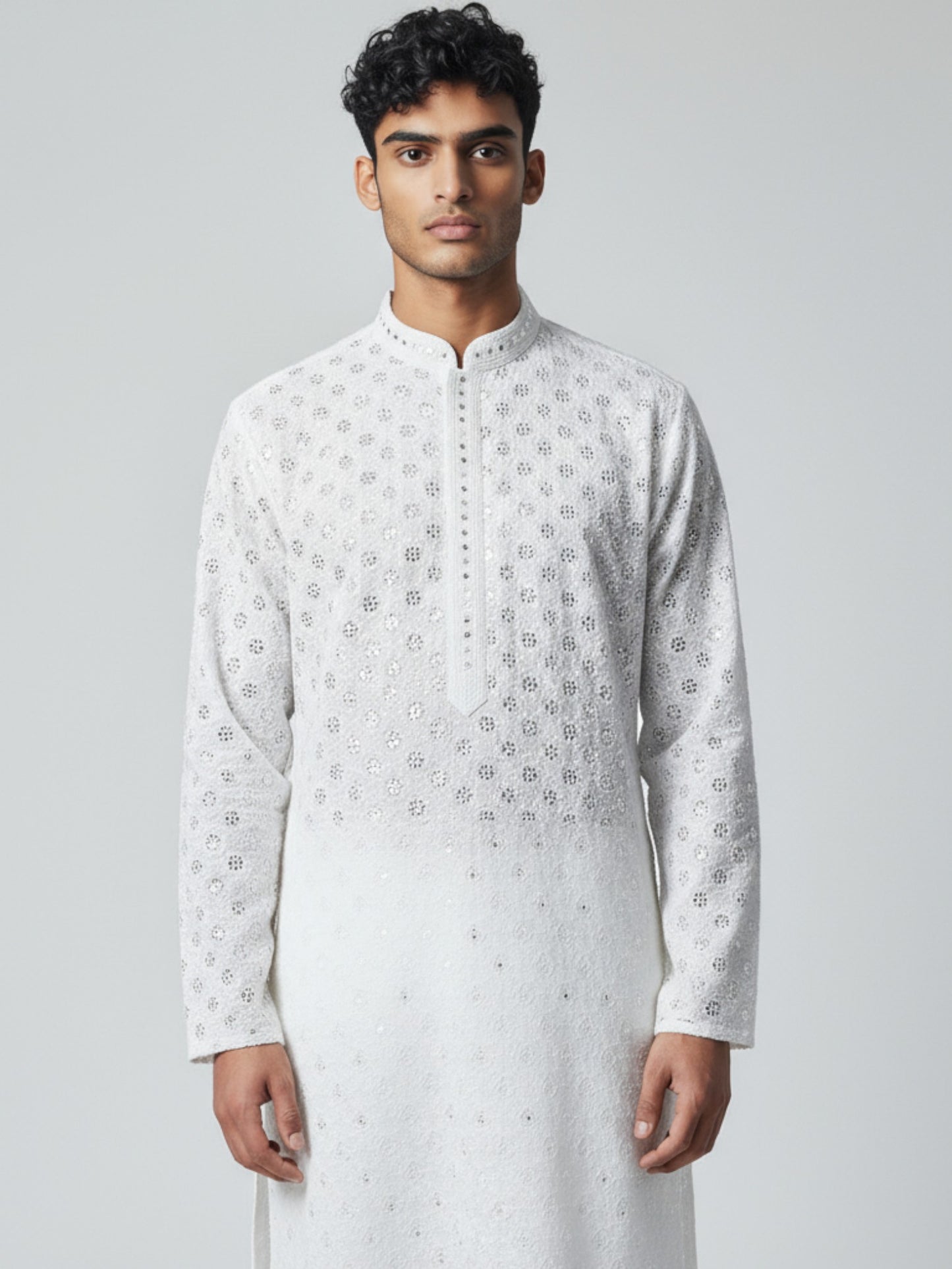 White Chikankari Kurta Pajama for Men – Elegant Embroidered Ensemble