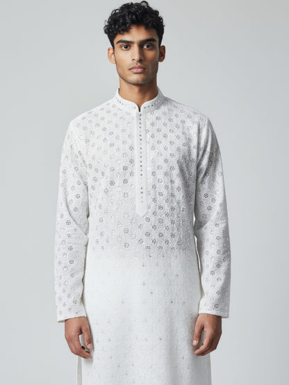 White Chikankari Kurta Pajama for Men – Elegant Embroidered Ensemble