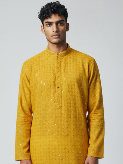 Mustard Yellow Chikankari Kurta Pajama for Men – Mirror Embroidered Festive Wear