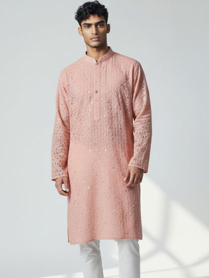 Blush Pink Chikankari Kurta Pajama for Men – Mirror Work Festive Wear