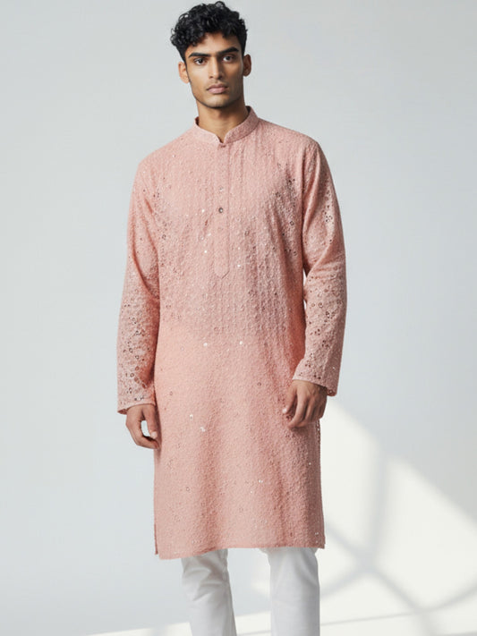 Blush Pink Chikankari Kurta Pajama for Men – Mirror Work Festive Wear