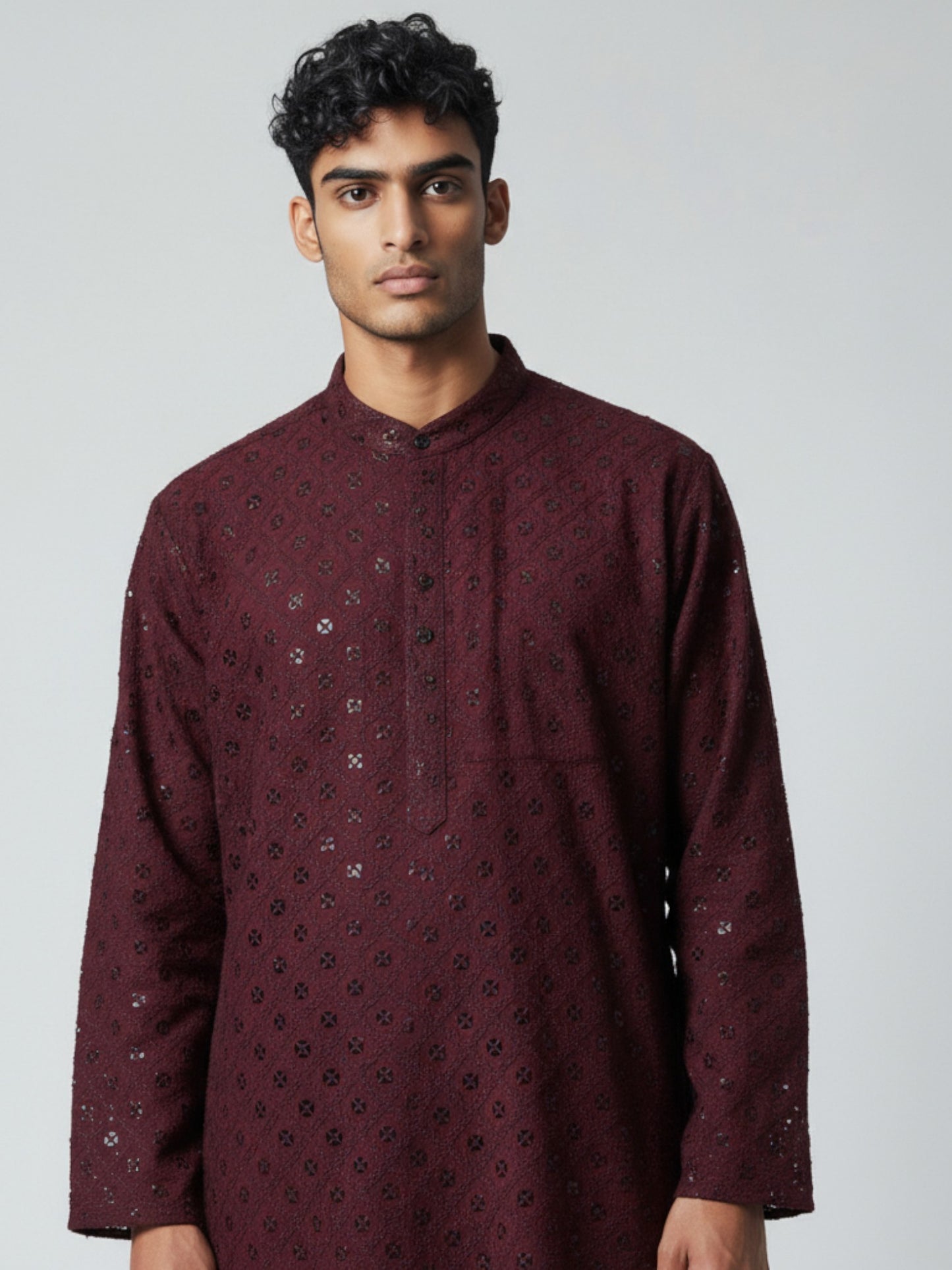 Wine Chikankari Kurta Pajama for Men – Elegant Mirror Work Design
