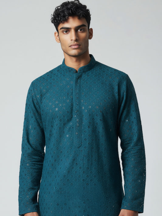 Teal Blue Chikankari Kurta Pajama for Men – Elegant Embroidered Festive Wear