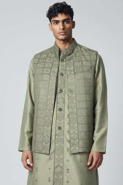 Sage Green 3-Piece Kurta Set – Embroidered Jacket Ensemble