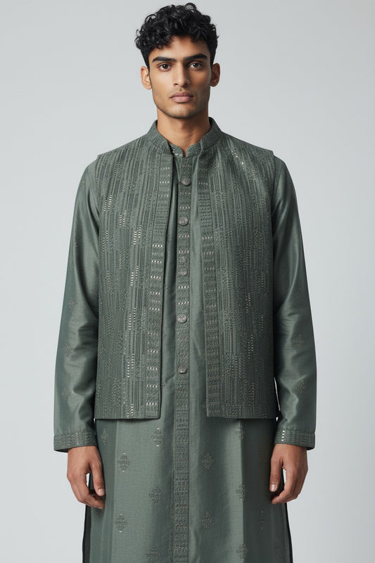Olive Green 3-Piece Kurta Set – Embroidered Festive Wear