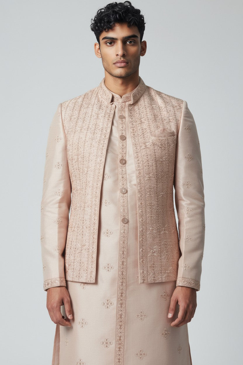 Blush Cream 3-Piece Kurta Set – Embroidered Wedding Wear