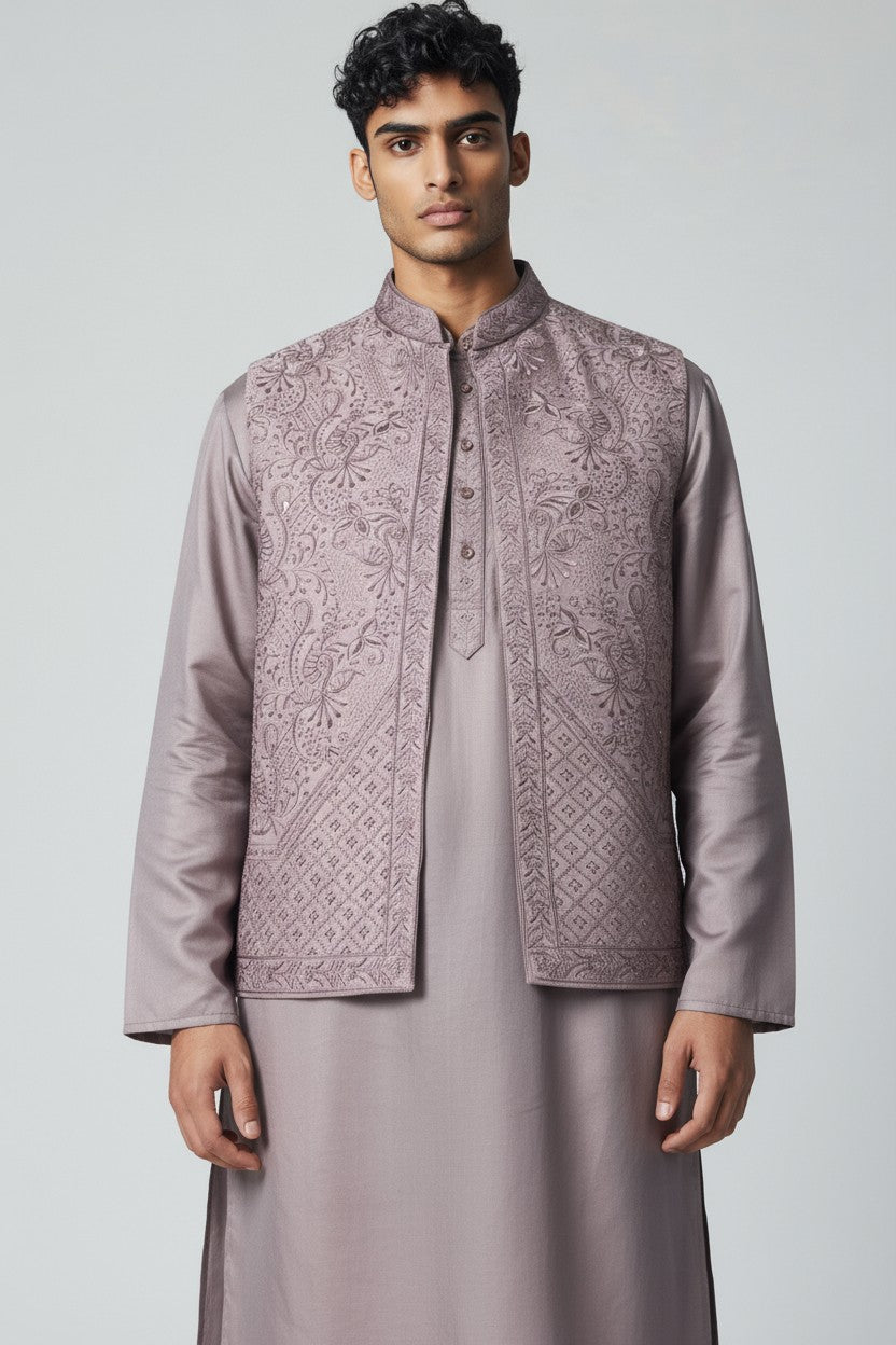 Mauve 3-Piece Kurta Set – Embroidered Jacket Ensemble