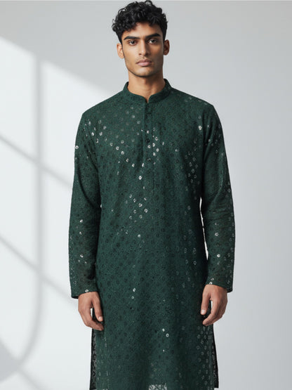 Forest Green Chikankari Kurta Pajama for Men – Mirror Embroidered Festive Wear
