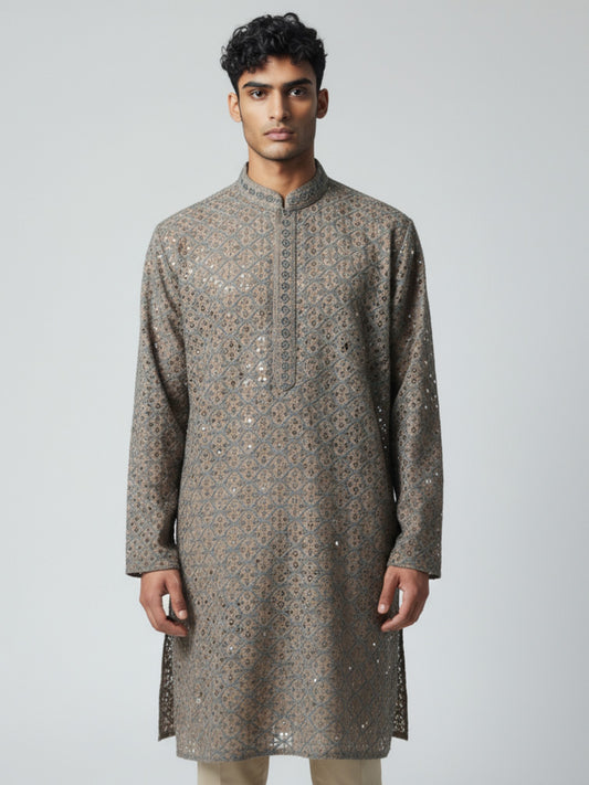 Taupe Chikankari Kurta Pajama for Men – Elegant Embroidered Set