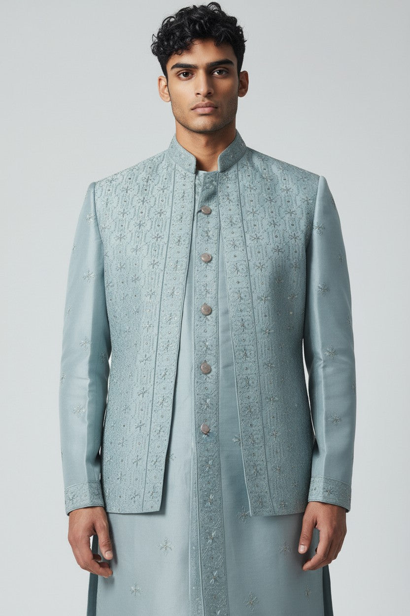 Pastel Blue 3-Piece Kurta Set – Embroidered Festive Wear