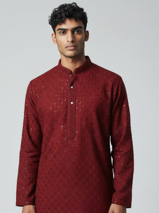 Red Chikankari Kurta Pajama for Men – Elegant Mirror Embroidered Festive Wear