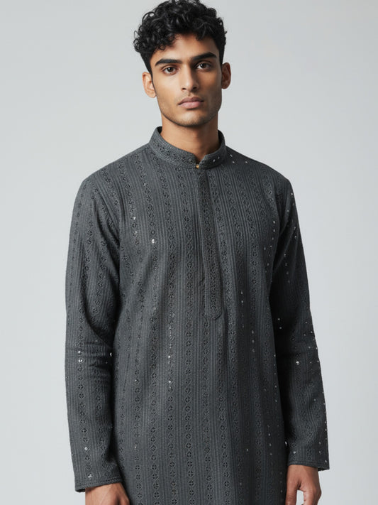 Charcoal Grey Chikankari Kurta Pajama for Men – Elegant Festive Wear