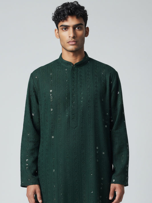 Forest Green Chikankari Kurta Pajama for Men – Festive Embroidered Set