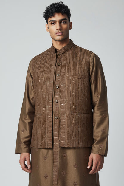 Brown 3-Piece Kurta Set – Embroidered Jacket Outfit