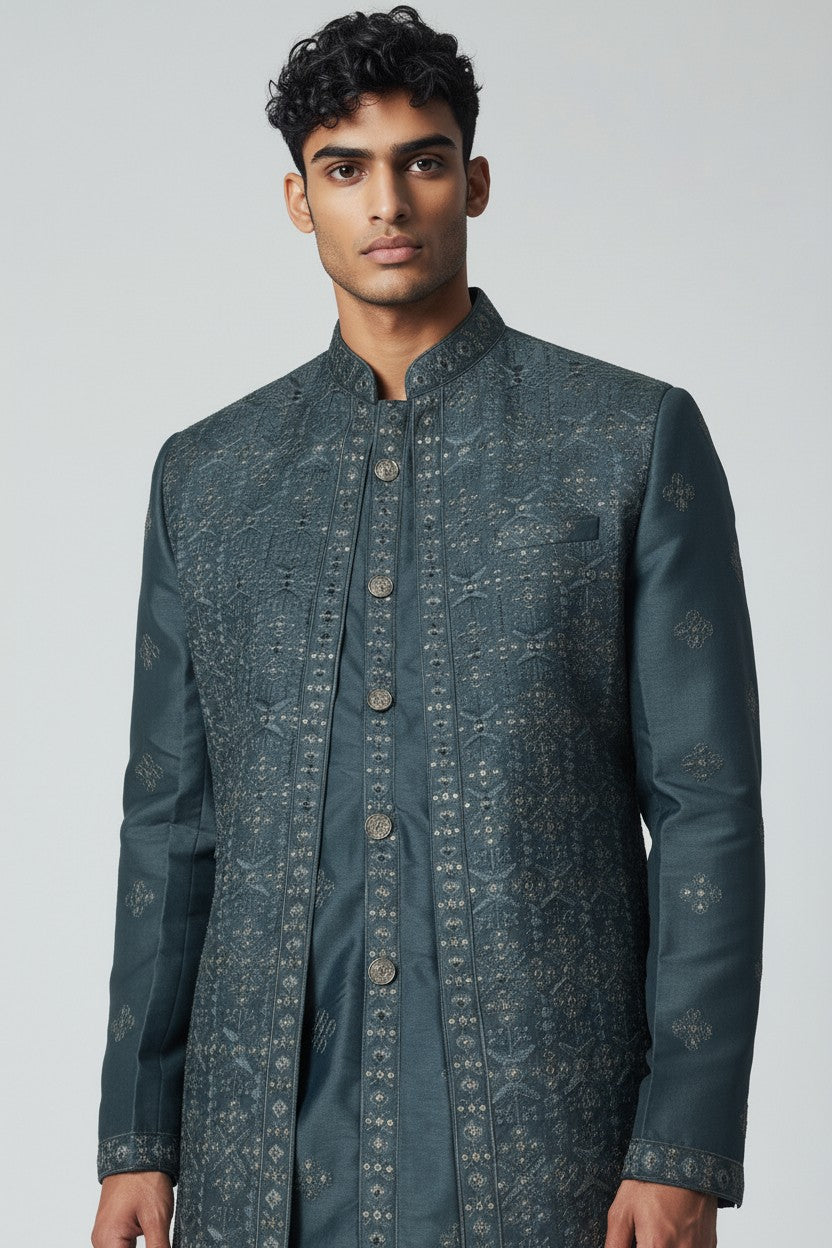 Teal Blue 3-Piece Kurta Set – Embroidered Festive Wear