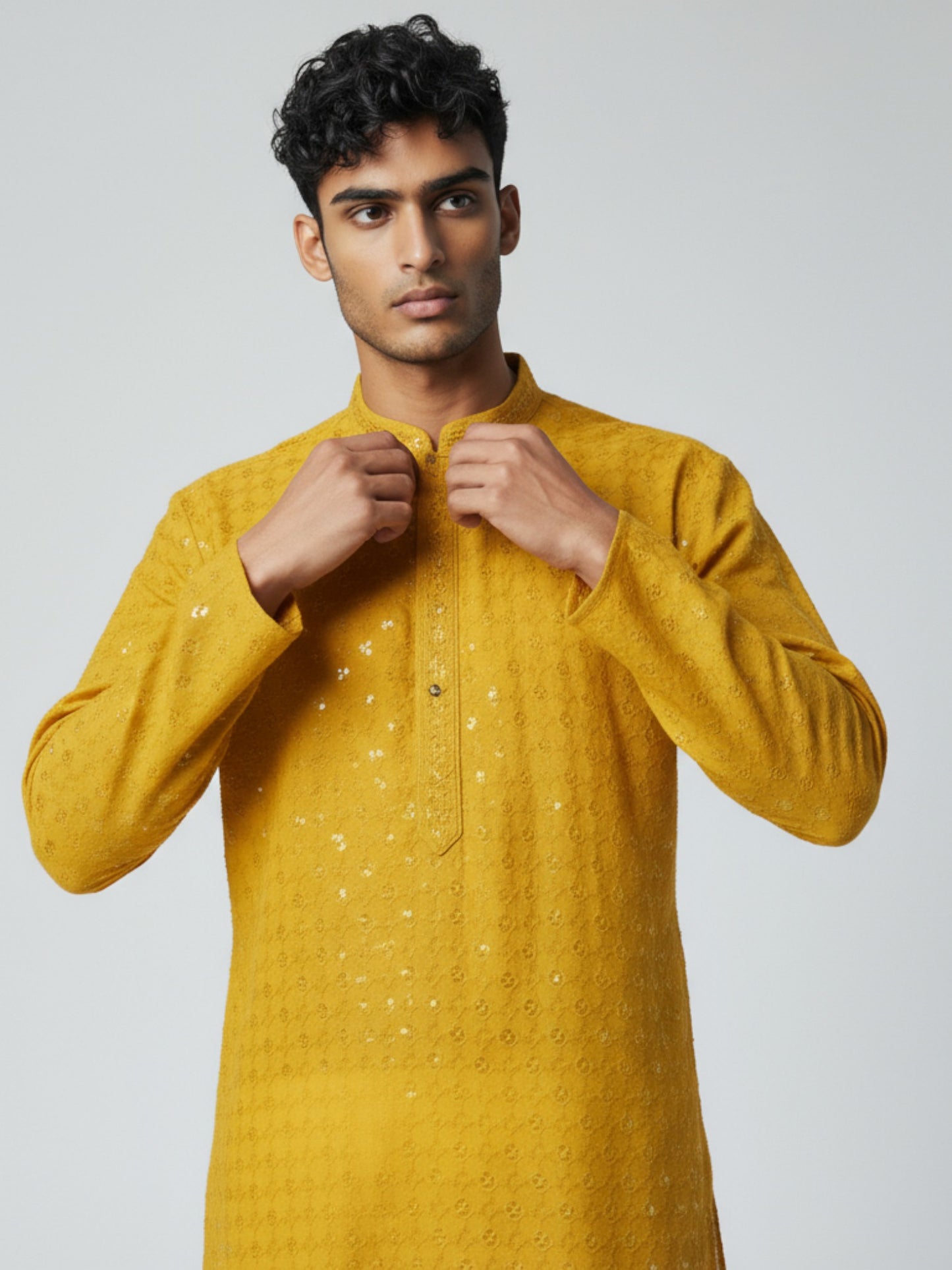 Mustard Yellow Chikankari Kurta Pajama for Men – Mirror Embroidered Festive Wear