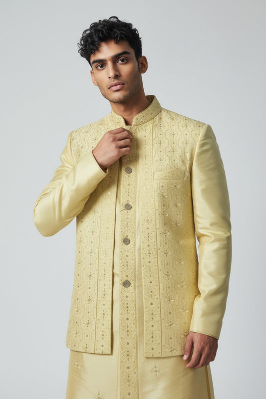 Pastel Yellow 3-Piece Kurta Set – Embroidered Wedding Wear