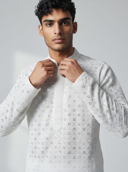 White Chikankari Kurta Pajama for Men – Elegant Embroidered Ensemble
