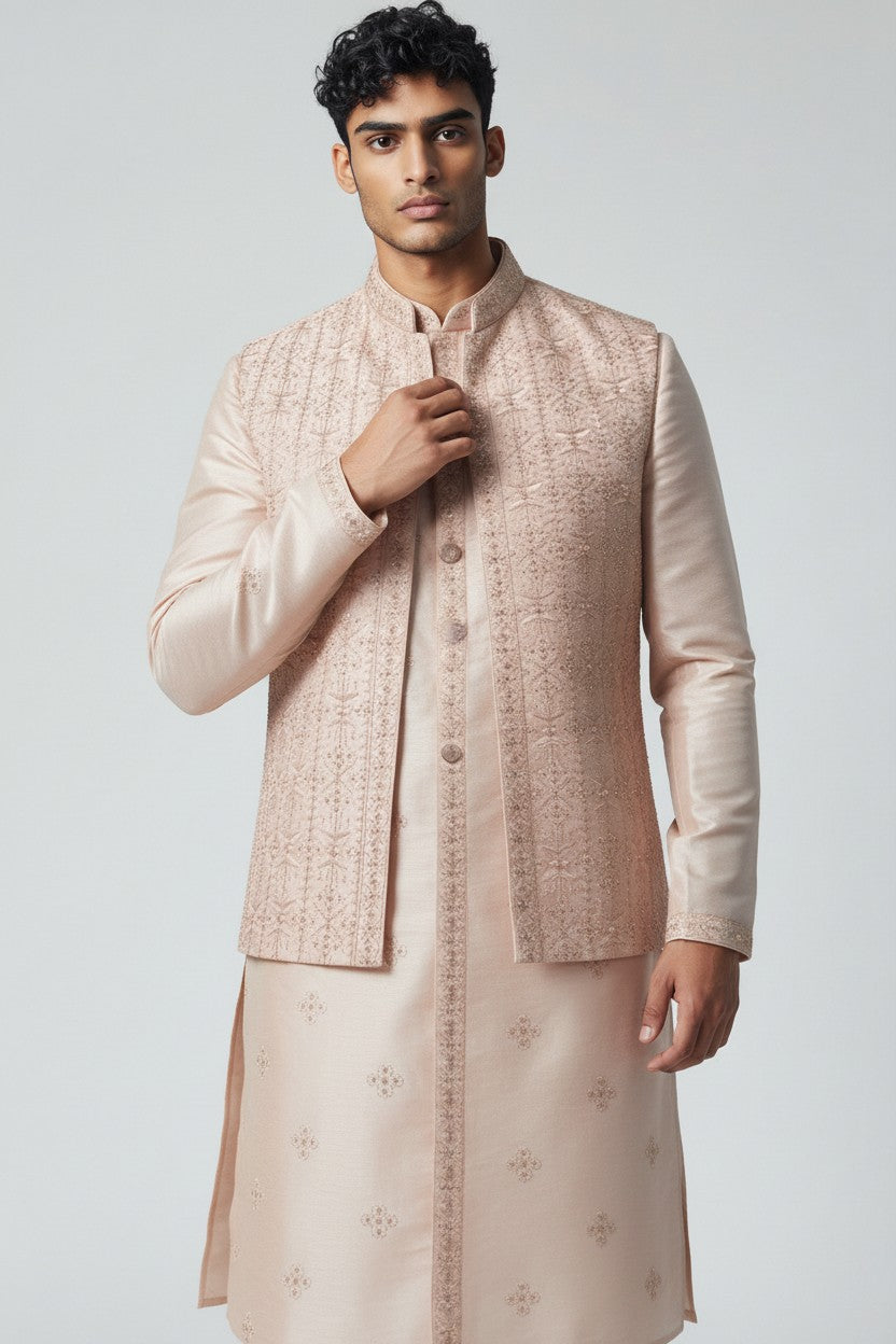 Blush Cream 3-Piece Kurta Set – Embroidered Wedding Wear