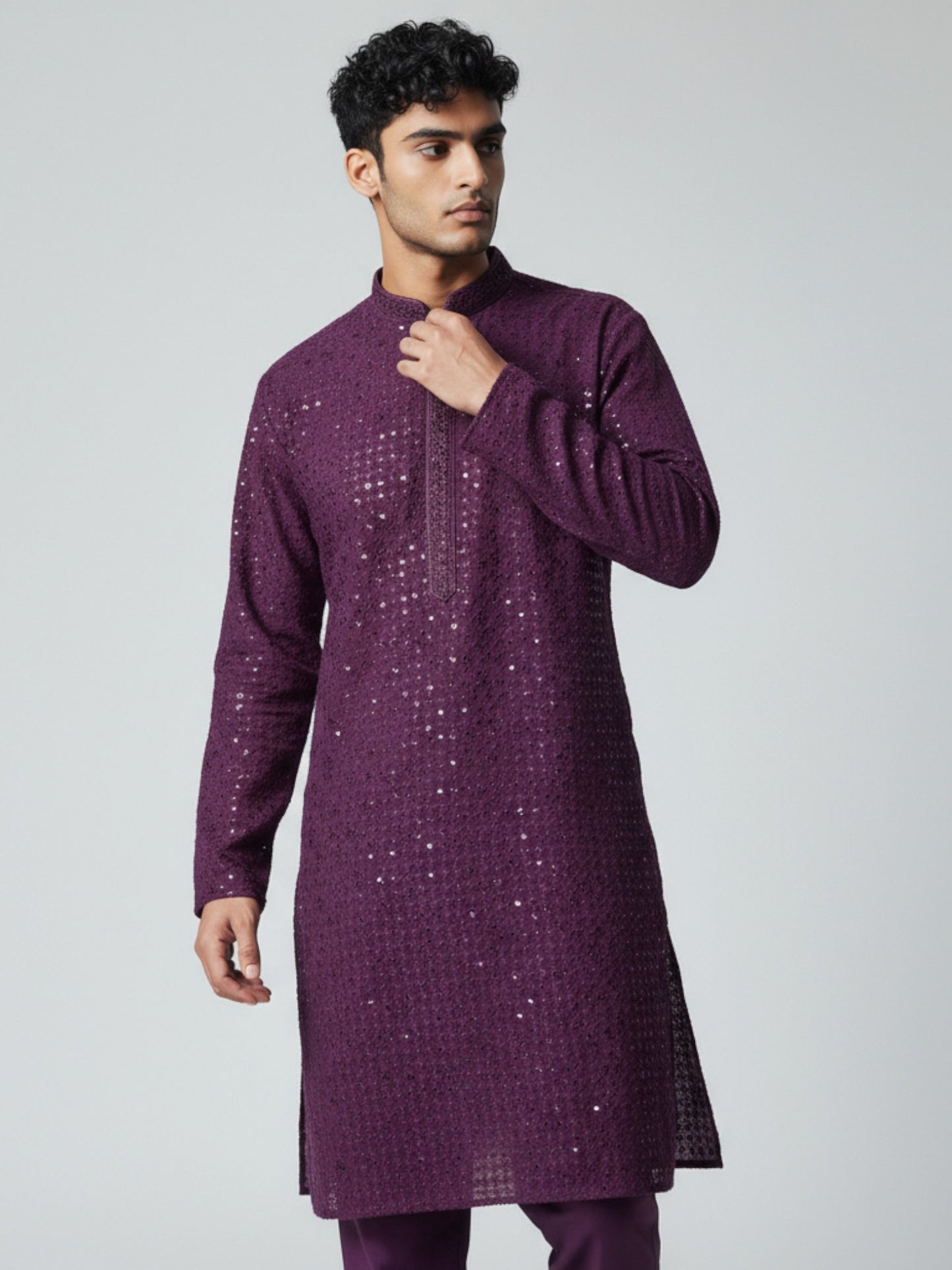 Purple Chikankari Kurta Pajama for Men – Mirror Embroidered Festive Wear