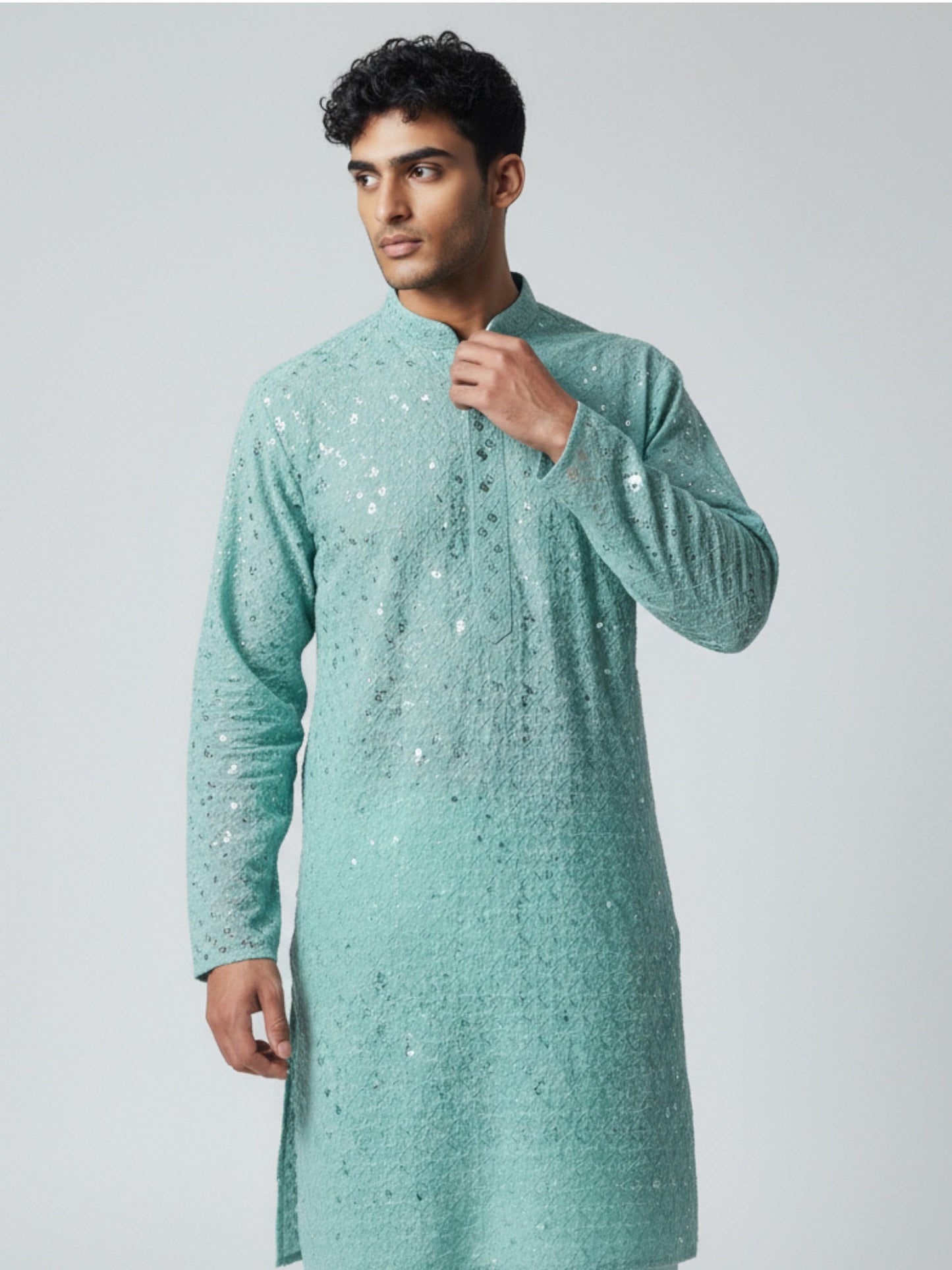Aqua Blue Chikankari Kurta Pajama for Men – Mirror Work Festive Wear