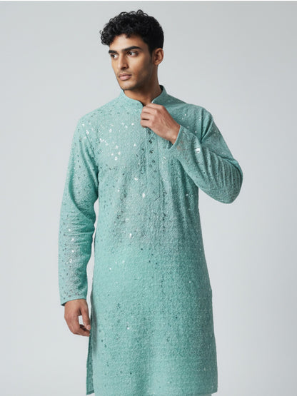 Aqua Blue Chikankari Kurta Pajama for Men – Mirror Work Festive Wear