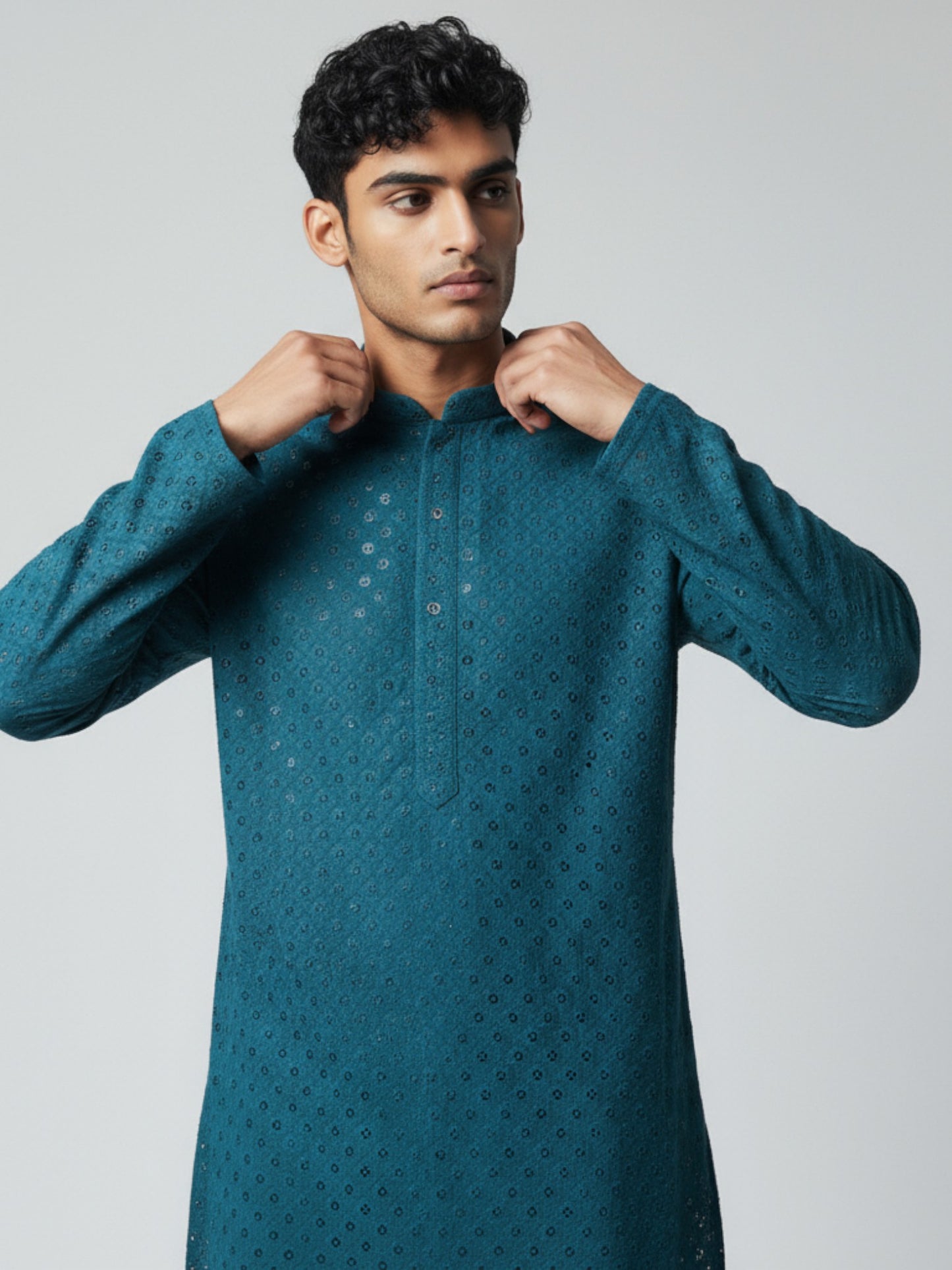 Teal Blue Chikankari Kurta Pajama for Men – Elegant Embroidered Festive Wear