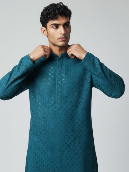 Teal Blue Chikankari Kurta Pajama for Men – Elegant Embroidered Festive Wear