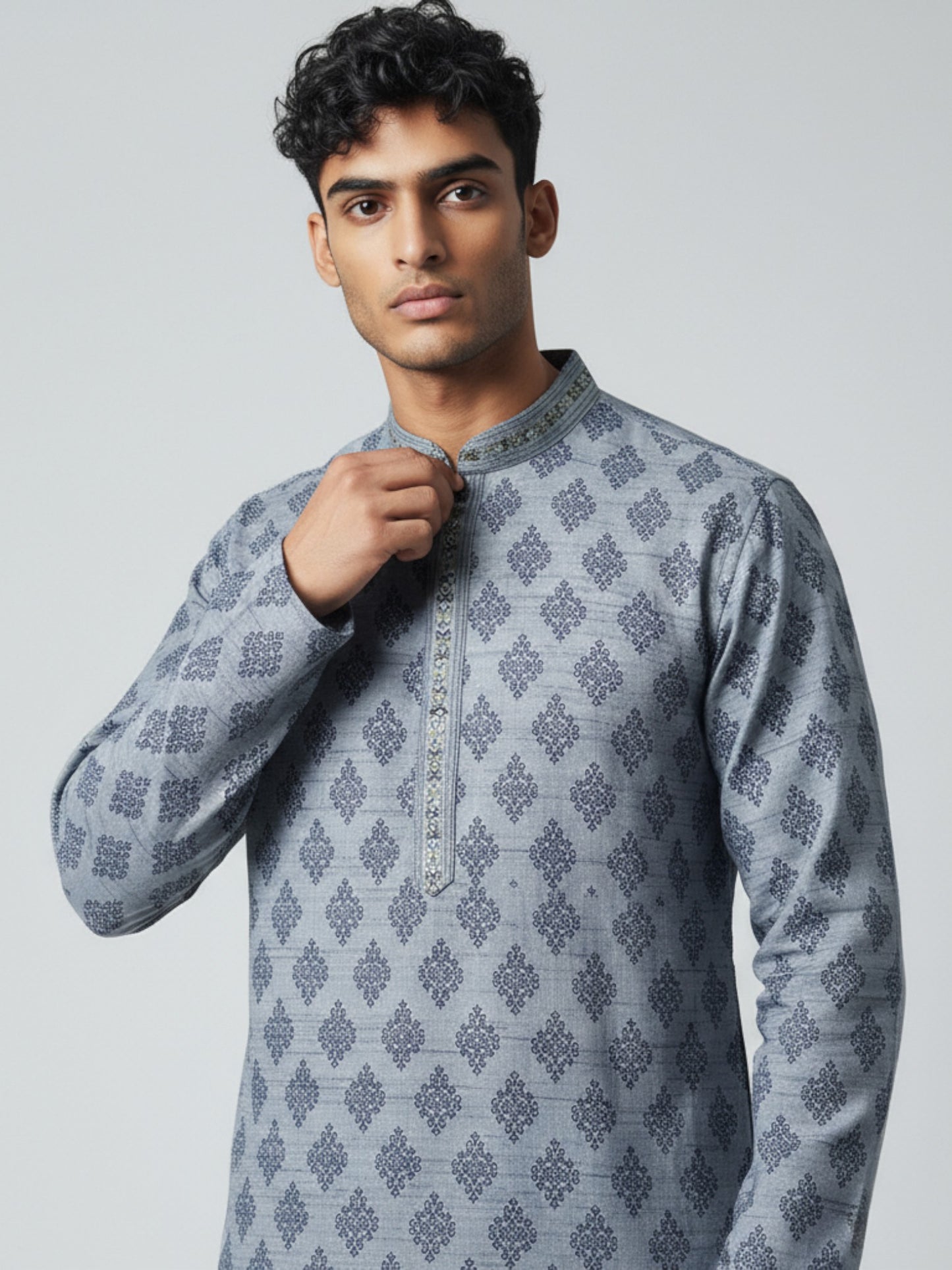 Blue Patterned Kurta Pajama for Men – Elegant Festive Outfit