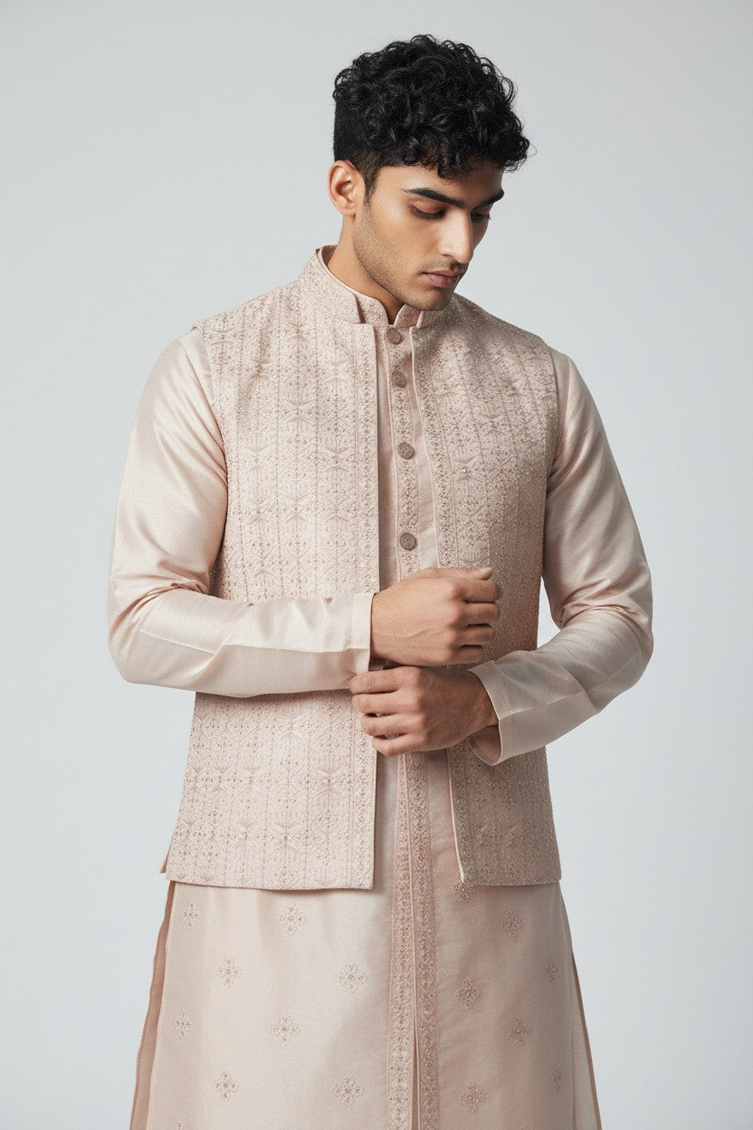 Blush Pink 3-Piece Kurta Set – Embroidered Wedding Ensemble