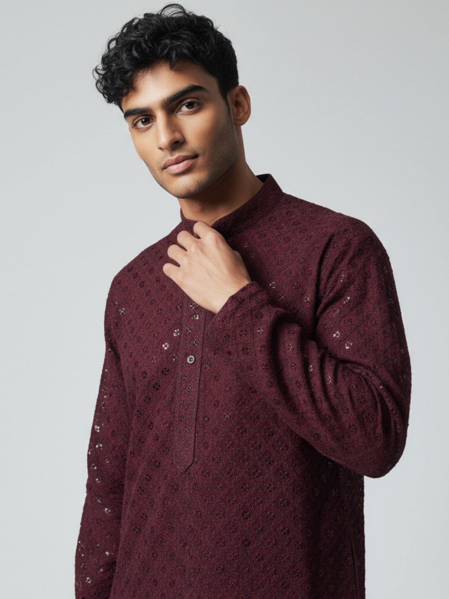 Wine Chikankari Kurta Pajama for Men – Elegant Mirror Work Design
